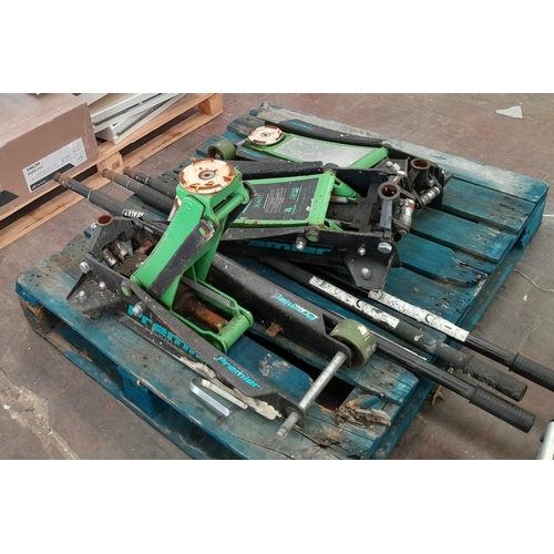 46 - Three four tonne jacks (untested). Two jacks missing single wheels. Lot will be sold in situ at Well... 