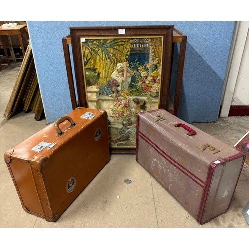 324A - Two vintage suitcases and a 'Pears' framed print