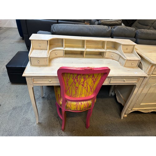 1563 - An ornate style cream painted desk and a pink and gold chair