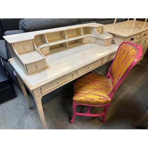 1563 - An ornate style cream painted desk and a pink and gold chair