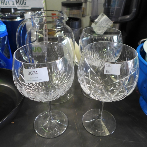 3074 - 3x Journeys Gin Glasses, King Crystal 2.2L Pitcher - Damaged  (326-116,138) This lot is subject to v... 