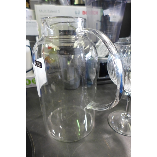 3074 - 3x Journeys Gin Glasses, King Crystal 2.2L Pitcher - Damaged  (326-116,138) This lot is subject to v... 