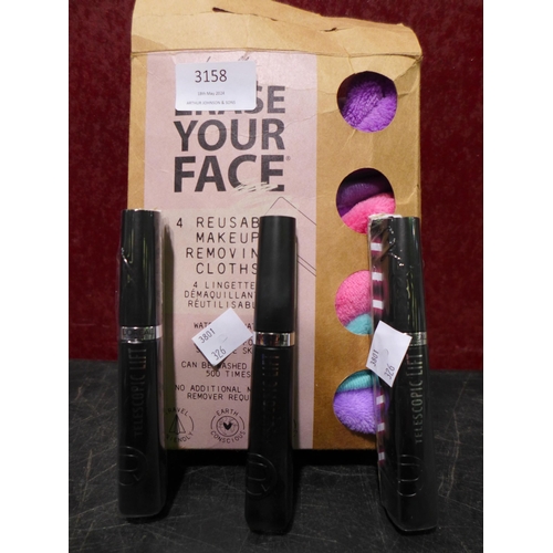 3158 - Erase Your Face Makeup Removers, 2 x Loreal Telescopic Lift Mascara     (326-441,455,456,458) This l... 