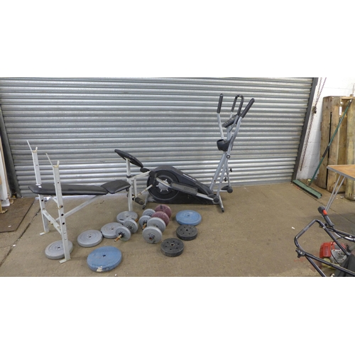 2248 - A Pro Fitness weightlifting bench with a quantity of plastic coated weights including six 5kg plates... 