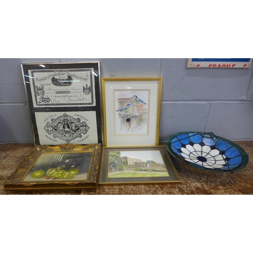 1003 - A print of a Carlisle & Cumberland Banking Company share document, a framed still life painting, sig... 