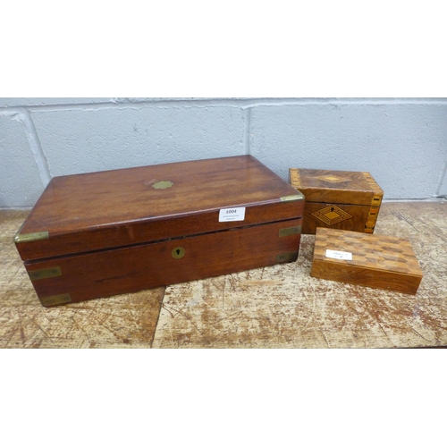 1004 - Three wooden boxes, two with inlaid wood and one brass inlaid larger box **PLEASE NOTE THIS LOT IS N... 