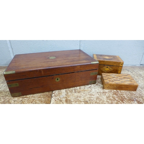 1004 - Three wooden boxes, two with inlaid wood and one brass inlaid larger box **PLEASE NOTE THIS LOT IS N... 