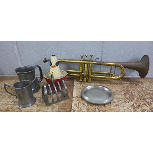 1013 - A trumpet with muffler and assorted pewter **PLEASE NOTE THIS LOT IS NOT ELIGIBLE FOR IN-HOUSE POSTI... 