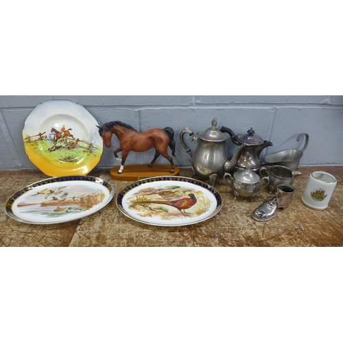 1017 - A collection of plated ware, a Crown Ducal hunting plate, horse figure, two Weatherby Hanley falcon ... 