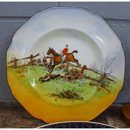 1017 - A collection of plated ware, a Crown Ducal hunting plate, horse figure, two Weatherby Hanley falcon ... 