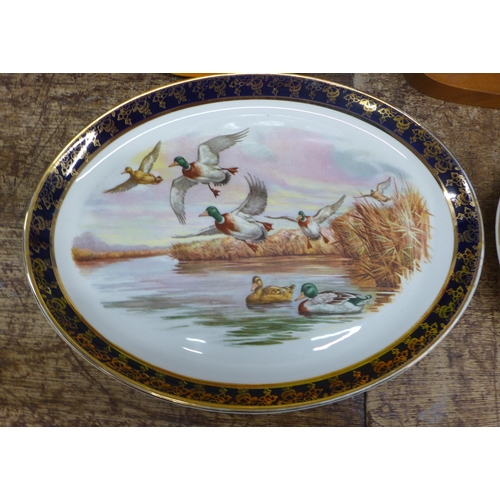 1017 - A collection of plated ware, a Crown Ducal hunting plate, horse figure, two Weatherby Hanley falcon ... 