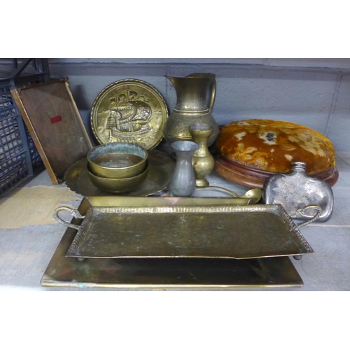 1030 - A collection of metalwares including an Eastern brass tray, vases, a wooden footstool, etc. **PLEASE... 