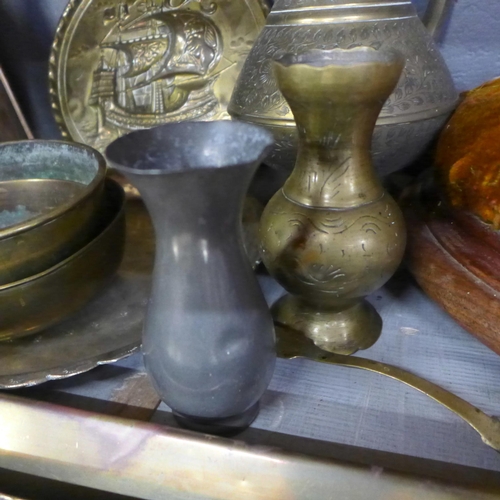 1030 - A collection of metalwares including an Eastern brass tray, vases, a wooden footstool, etc. **PLEASE... 