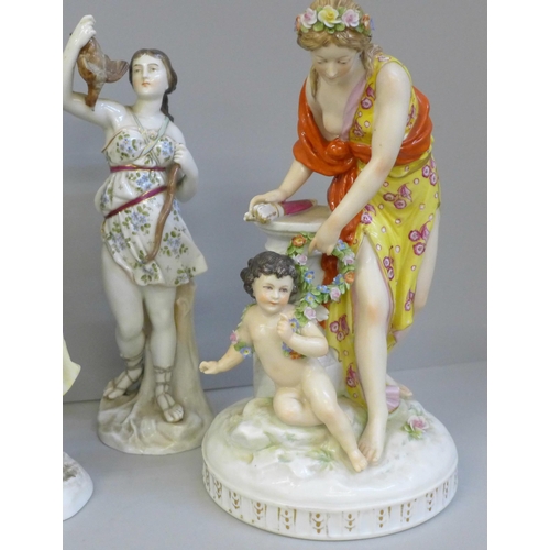 601 - A pair of Derby porcelain figures, a German porcelain figure group and two other porcelain figures i... 