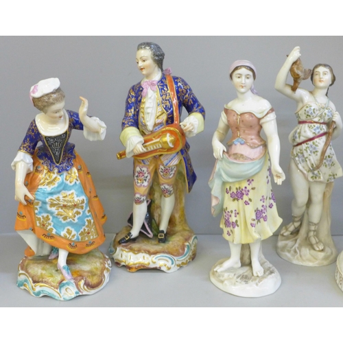 601 - A pair of Derby porcelain figures, a German porcelain figure group and two other porcelain figures i... 