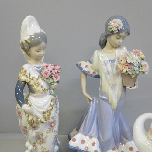 606 - Four Lladro figures, Valencian Girl with Flowers, Flor Maria, XVI Century Globe and Goose, all boxed