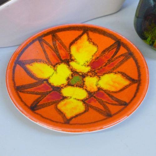 624 - A Poole Pottery Delphis dish and vase and a two-tone posy vase