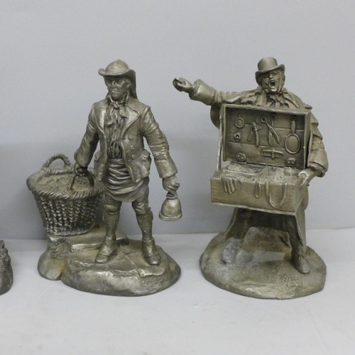 629 - Five pewter figures of Victorian tradesmen/street sellers