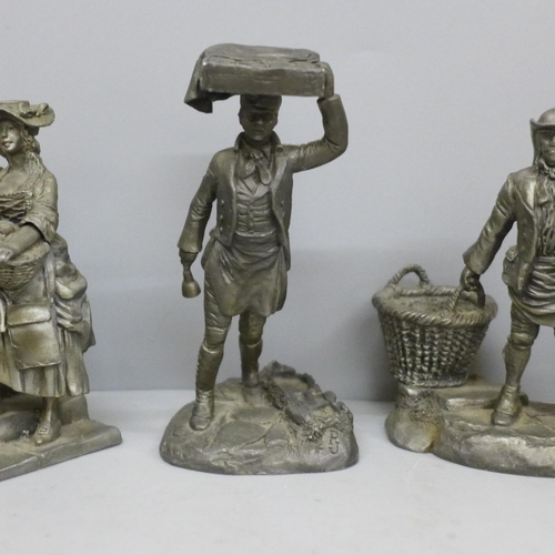 629 - Five pewter figures of Victorian tradesmen/street sellers