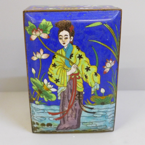 630 - A Chinese cloisonne box decorated with flowers and a Geisha girl, 14cm x 10cm x 7cm