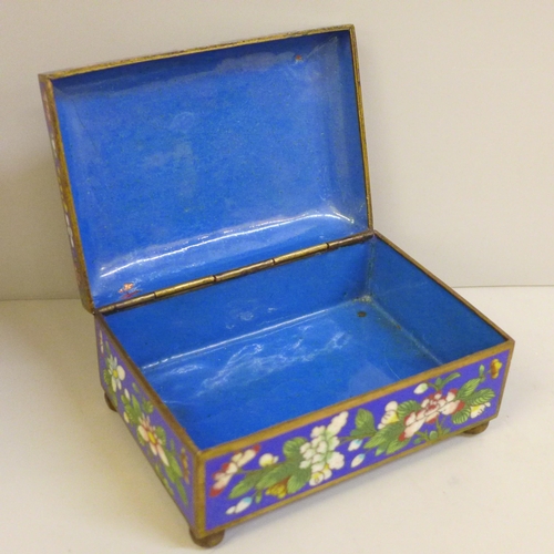 630 - A Chinese cloisonne box decorated with flowers and a Geisha girl, 14cm x 10cm x 7cm