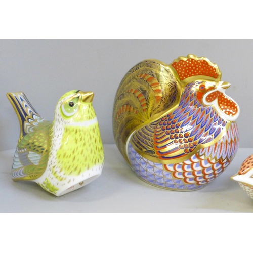 631 - Four Royal Crown Derby paperweights, Greenfinch, Derby Wren, Pheasant and Cockerel, two with gold st... 