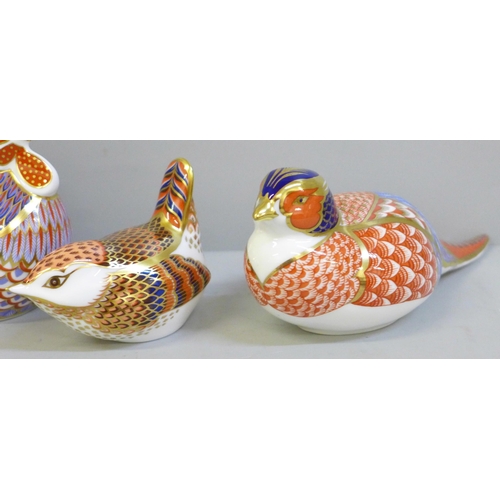 631 - Four Royal Crown Derby paperweights, Greenfinch, Derby Wren, Pheasant and Cockerel, two with gold st... 