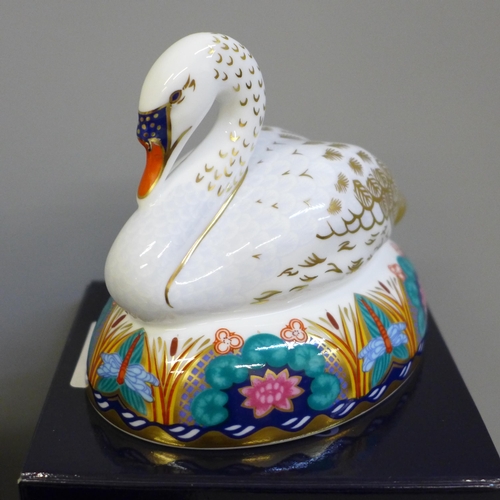 633 - Three Royal Crown Derby paperweights, Swimming Duckling, Mallard and Swan, all boxed