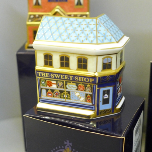 635 - Five Royal Crown Derby buildings paperweights, The Sweet Shop, The China Shop, The Toy Box, The Geor... 