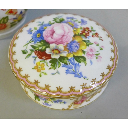 639 - An Aynsley Cottage Garden jar with lid, Royal Albert 'Lady Carlyle' ring stand and dish and lidded t... 