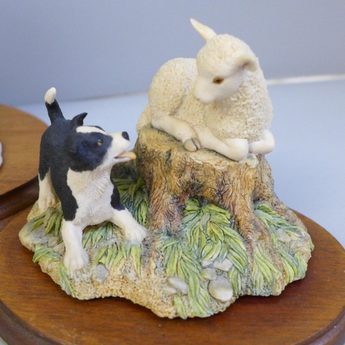 646 - A Border Fine Arts figure on stand, Winter Rescue and a Sheepdog and Lamb figure and a Family Life, ... 