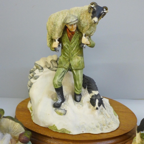 646 - A Border Fine Arts figure on stand, Winter Rescue and a Sheepdog and Lamb figure and a Family Life, ... 