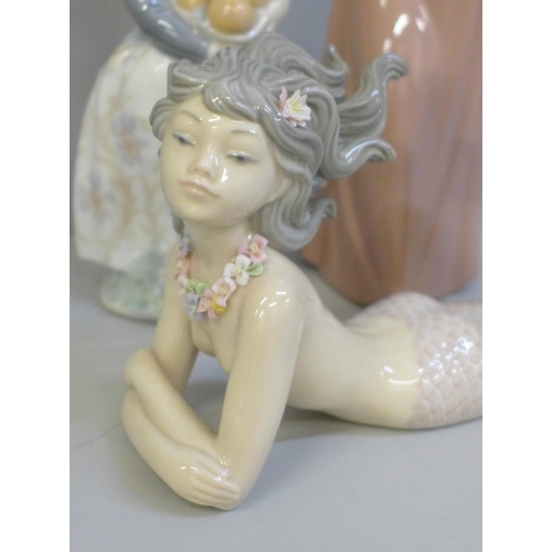 647 - Three pieces of Lladro including a figure of a mermaid