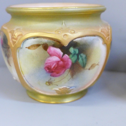 651 - A Royal Worcester blush ivory globular vase and one other Royal Worcester posy pot, hand painted wit... 