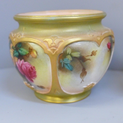 651 - A Royal Worcester blush ivory globular vase and one other Royal Worcester posy pot, hand painted wit... 