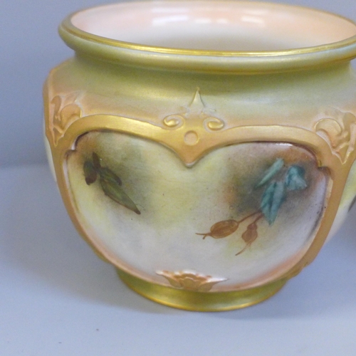 651 - A Royal Worcester blush ivory globular vase and one other Royal Worcester posy pot, hand painted wit... 