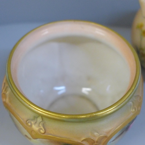 651 - A Royal Worcester blush ivory globular vase and one other Royal Worcester posy pot, hand painted wit... 