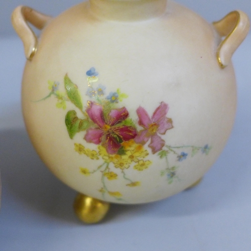 651 - A Royal Worcester blush ivory globular vase and one other Royal Worcester posy pot, hand painted wit... 