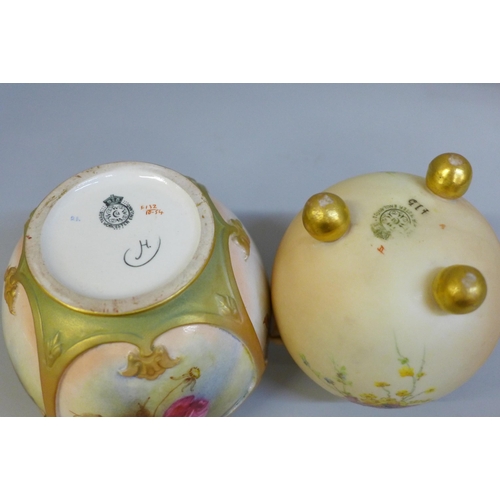 651 - A Royal Worcester blush ivory globular vase and one other Royal Worcester posy pot, hand painted wit... 