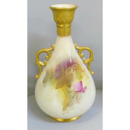 654 - A Royal Worcester blush ivory small pitcher and two vases, all decorated with flowers