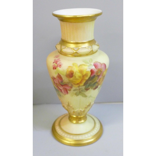 654 - A Royal Worcester blush ivory small pitcher and two vases, all decorated with flowers