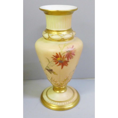 654 - A Royal Worcester blush ivory small pitcher and two vases, all decorated with flowers