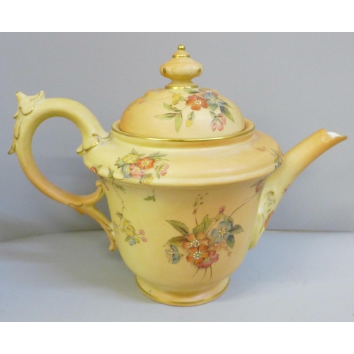 657 - A Royal China Works Worcester blush ivory tea for two tea set, lacking cream jug