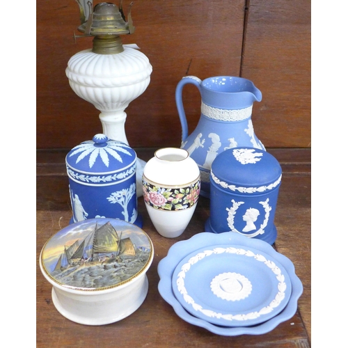 664 - Five items of Wedgwood Jasperware, one other Wedgwood vase, a white glass oil lamp base and a lidded... 