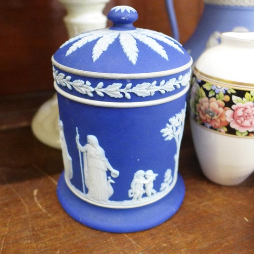 664 - Five items of Wedgwood Jasperware, one other Wedgwood vase, a white glass oil lamp base and a lidded... 