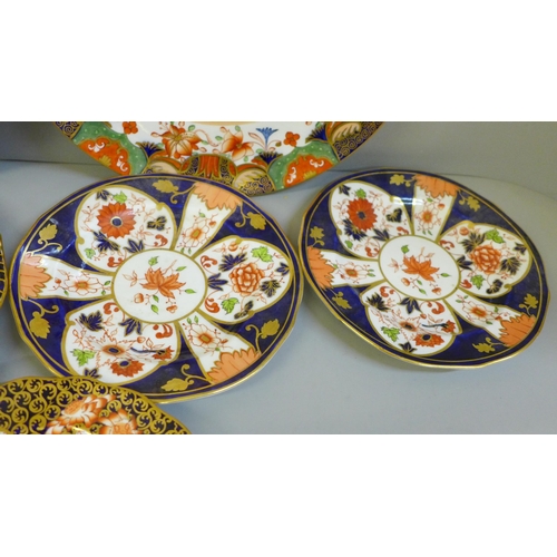 673 - A 19th Century Copeland Imari cabinet plate, soup bowl, a pair of Royal Crown Derby 6041 Imari tea p... 