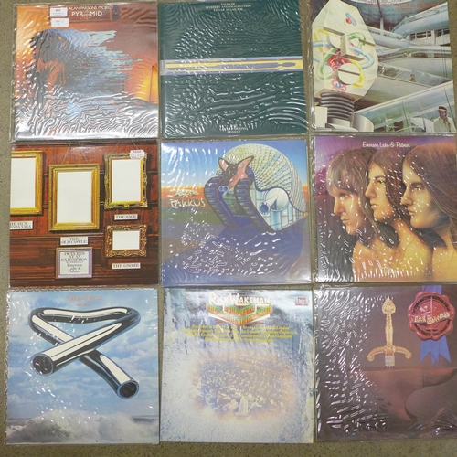 674 - Ten LP records, Alan Parsons (2), ELP (3), Mike Oldfield, Rick Wakeman (2) and Pink Floyd