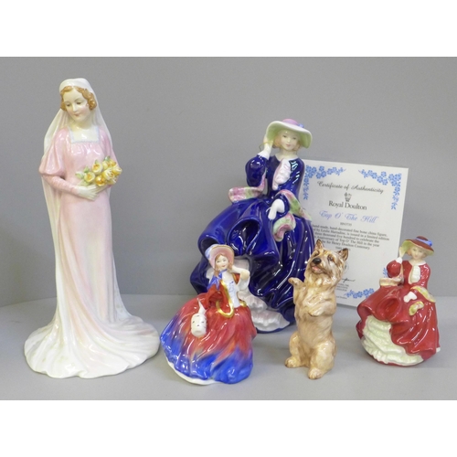 679 - Royal Doulton figures; Top o' the Hill l (blue), The Bride, Autumn Breezes, Top o' the Hill (small) ... 