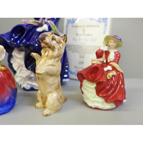 679 - Royal Doulton figures; Top o' the Hill l (blue), The Bride, Autumn Breezes, Top o' the Hill (small) ... 