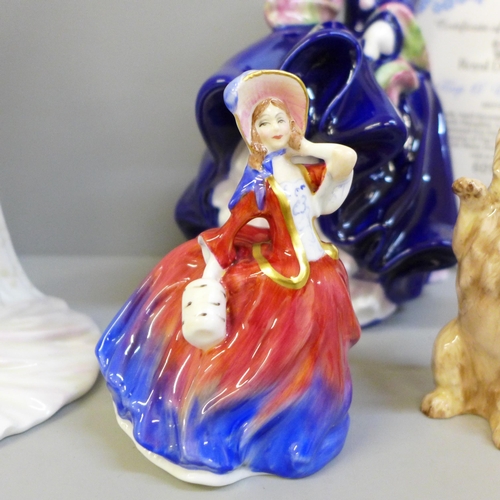 679 - Royal Doulton figures; Top o' the Hill l (blue), The Bride, Autumn Breezes, Top o' the Hill (small) ... 